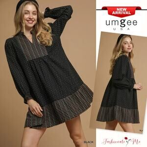 Umgee Bohemian Polka Dot Pattern Plaid Trim Details Babydoll Mini Dress | Black